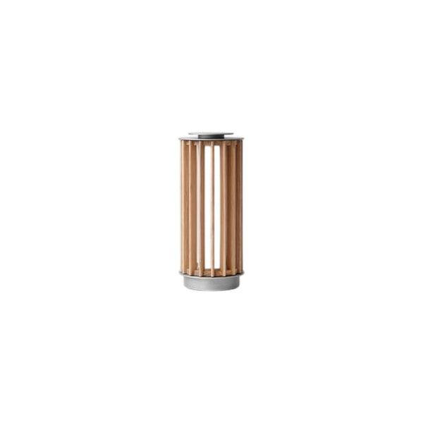 "Wooden slatted design with natural wood tones and sleek silver base, offering a modern and minimalist aesthetic."