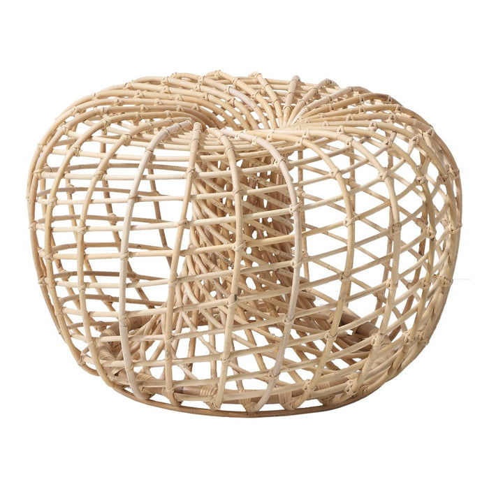 Natural woven rattan stool with an open, circular pattern in beige tones, perfect for bohemian decor.