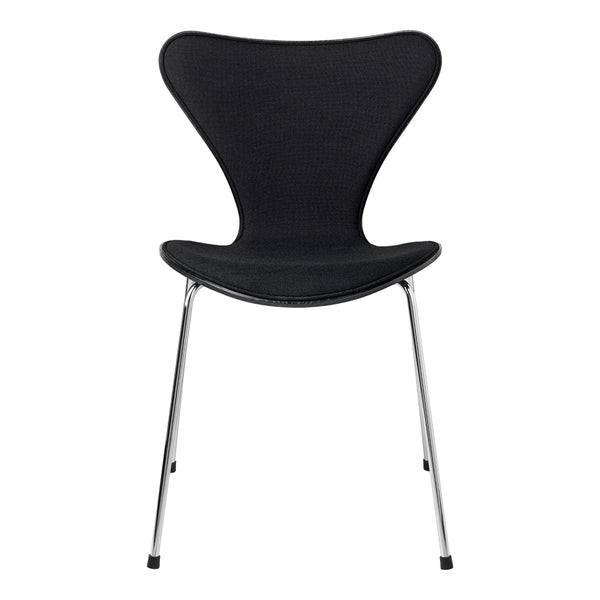 Black modern chair with a sleek, curved design and chrome legs, perfect for contemporary interiors.