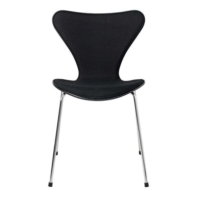 Black modern chair with a sleek, curved design and chrome legs, perfect for contemporary interiors.
