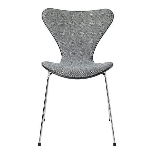 Gray upholstered chair with a smooth, curved design and chrome legs. Ideal for modern decor and minimalist style.