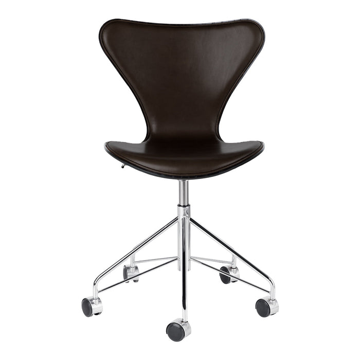 Brown leather swivel chair with a sleek chrome base and minimalist design, perfect for modern workspaces.