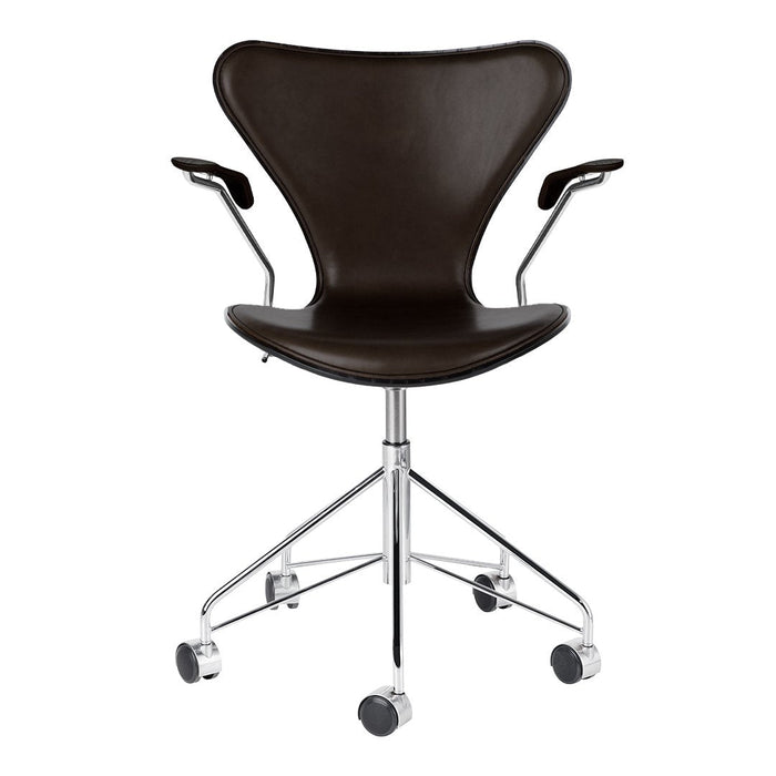 Brown leather chair with a sleek, modern design and chrome base, featuring a smooth, curved silhouette.