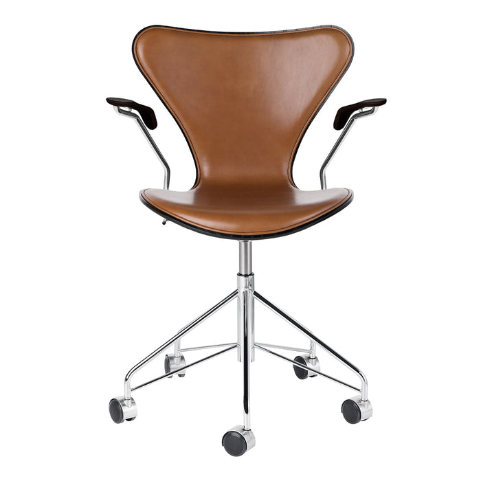 Brown leather office chair with a sleek chrome base and black armrests, featuring a modern, minimalist design.