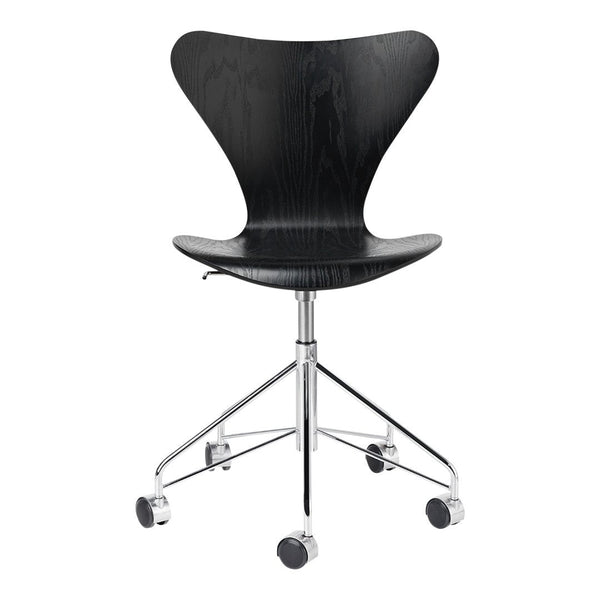 Black wooden chair with a sleek butterfly design and chrome base, featuring smooth curves and a minimalist aesthetic.