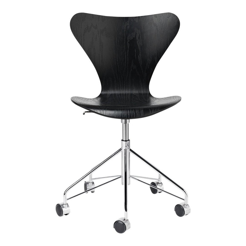 Black wooden chair with a sleek butterfly design and chrome base, featuring smooth curves and a minimalist aesthetic.
