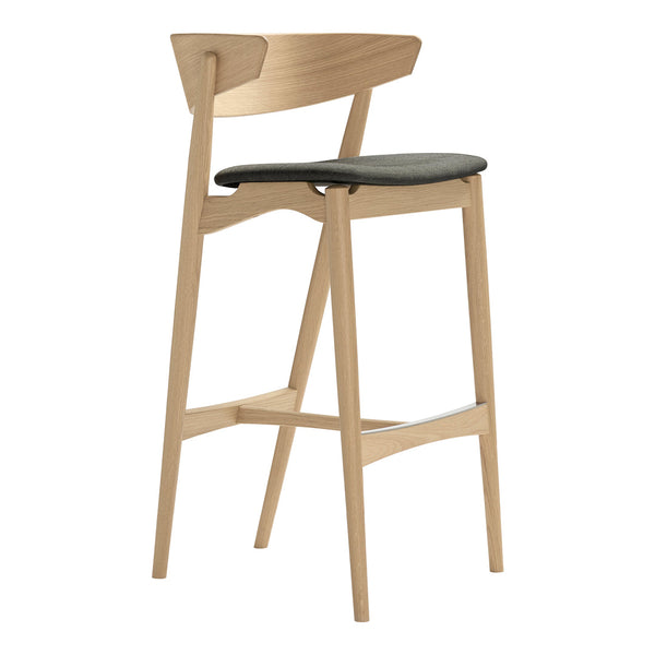 Light wood bar stool with a contrasting dark upholstered seat and minimalist design. Ideal for modern interiors.