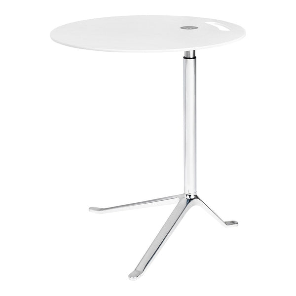 Modern white round table with a sleek chrome base, perfect for minimalist décor and stylish interiors.