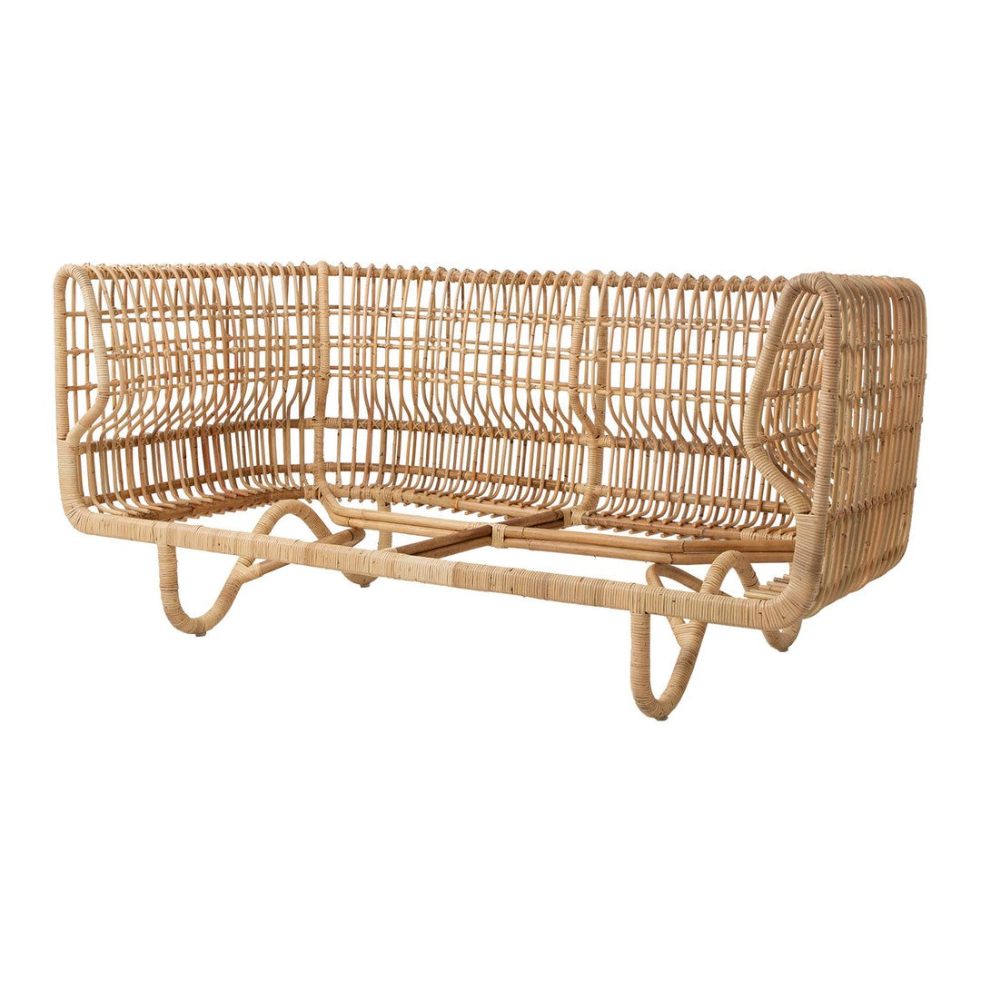 Natural rattan sofa with a woven pattern, featuring a light beige color for a boho-chic decor accent.