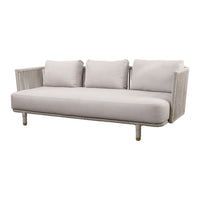 Light gray sofa with white cushions and a textured, woven arm design. Modern and minimalist aesthetic.