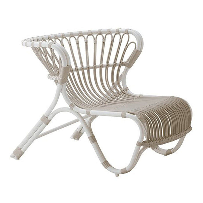Beige and white woven chair with a modern, minimalist design and curved lines, perfect for contemporary decor.
