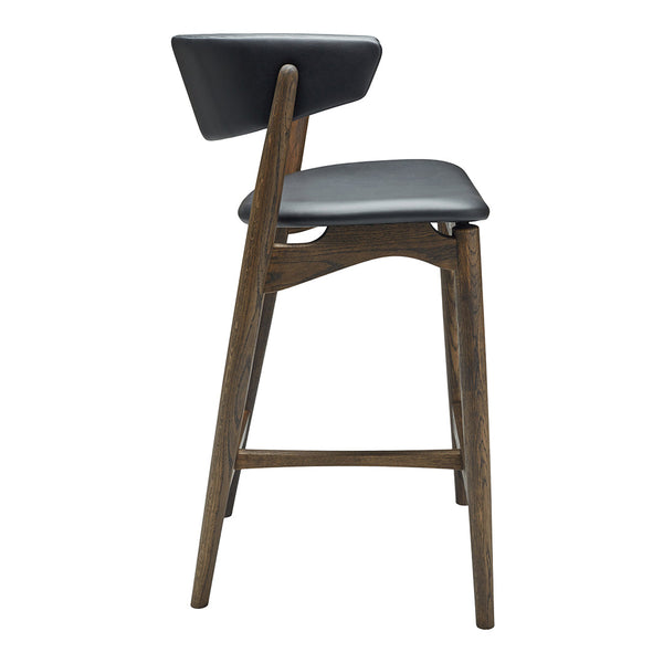 Sleek black upholstered bar stool with a dark wood frame, featuring a modern design and clean lines.