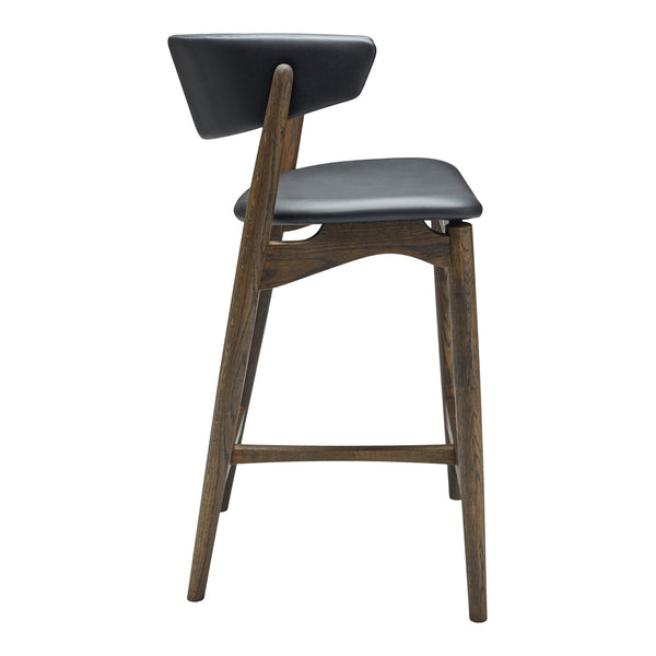 Black leather upholstered bar stool with a dark wood frame, featuring a sleek, minimalist design.