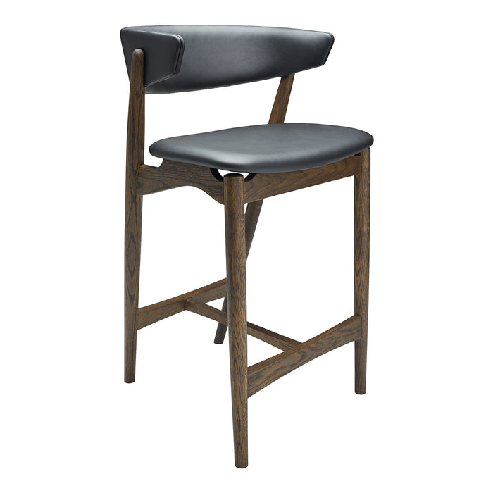 Stylish black leather bar stool with a sleek wooden frame, featuring clean lines and minimalistic design.