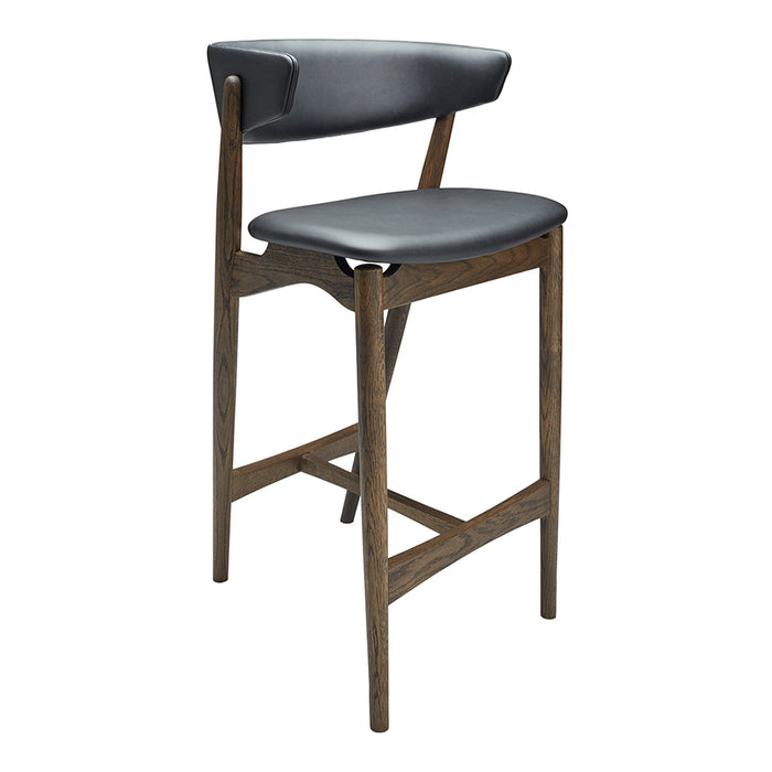 Black upholstered bar stool with a sleek wooden frame, featuring a minimalist design and smooth finishes.