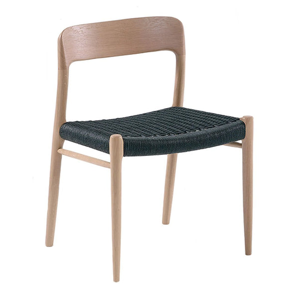 Natural wood chair with a light finish and a dark woven seat, combining modern and minimalist design elements.
