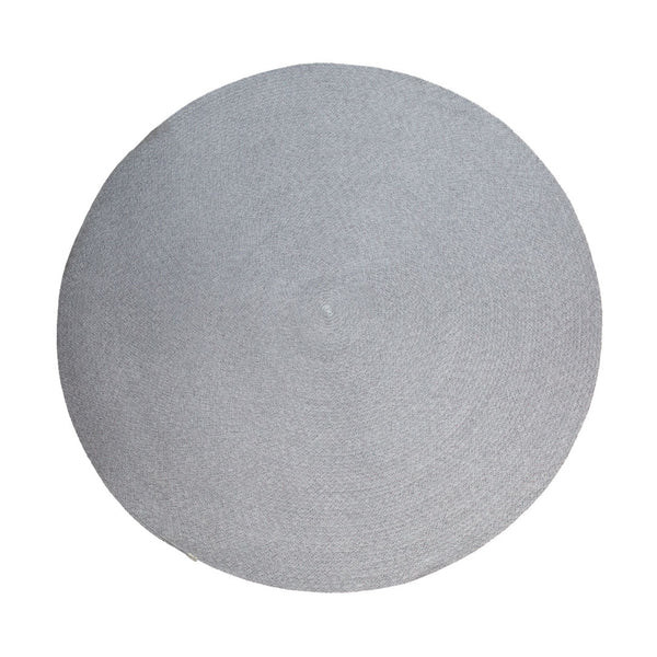 Round gray rug with a textured pattern, ideal for modern home decor. Subtle color adds elegance to any space.