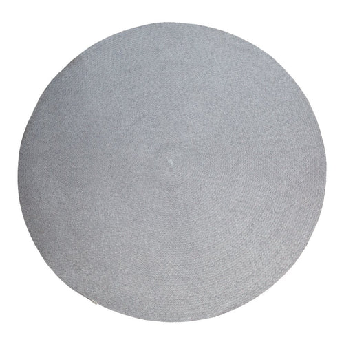 Round gray area rug with a subtle textured pattern, perfect for enhancing modern interiors.