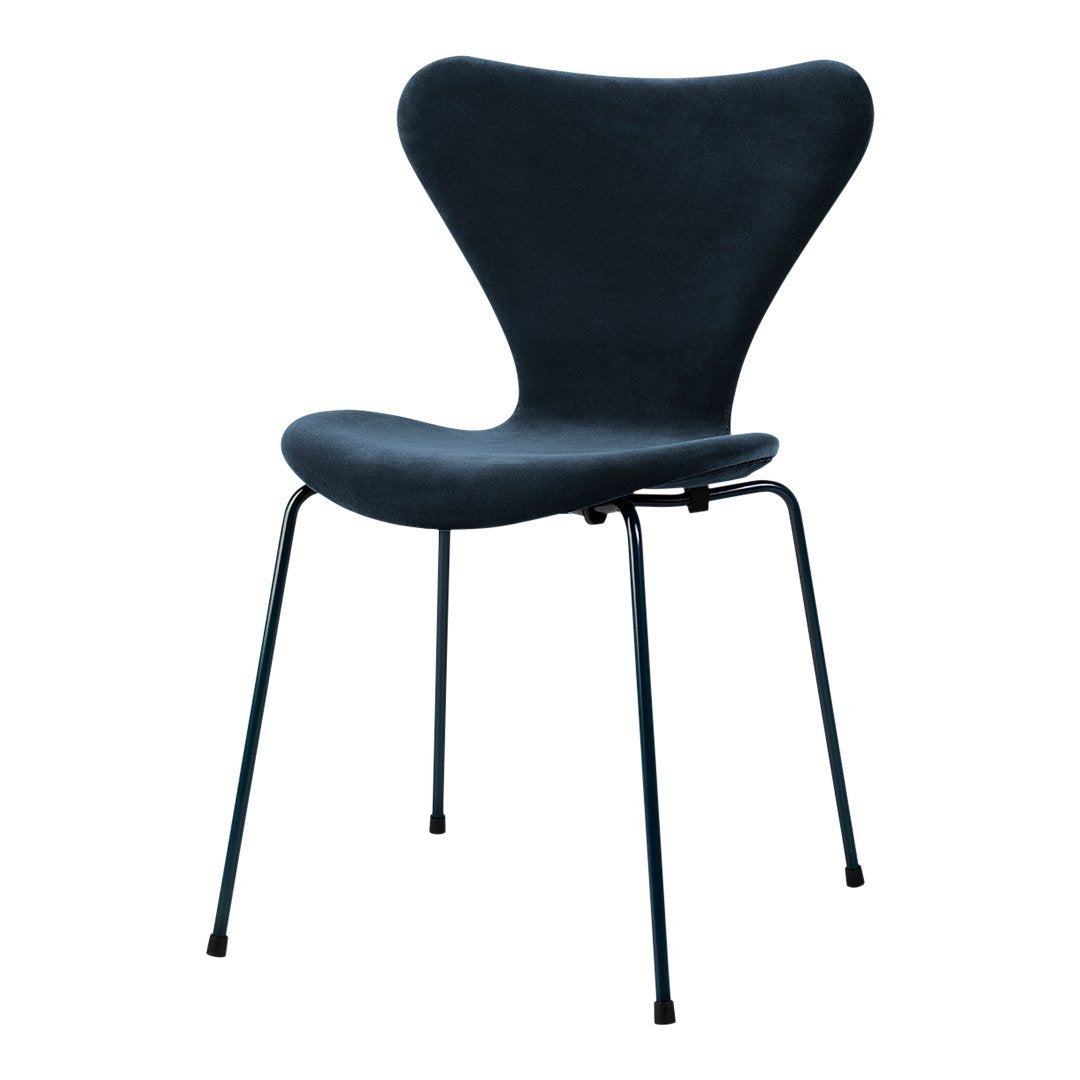 Series 7 Chair 3107, Fully Upholstered, Upholstery: Christianshavn Blue Uni, Base: Steel Chromed Steel