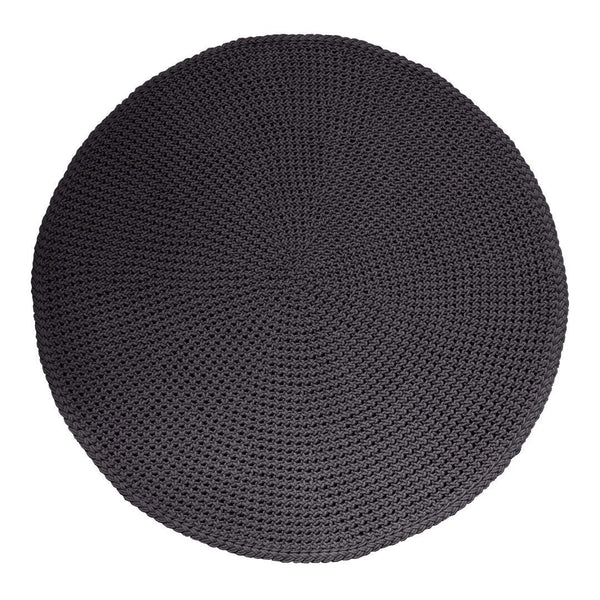 Round black textured rug with a woven pattern, perfect for adding a modern touch to any space.