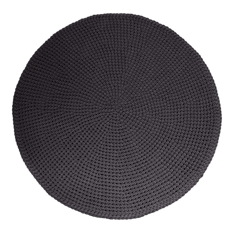 Round black textured rug with a woven pattern, perfect for adding a modern touch to any space.
