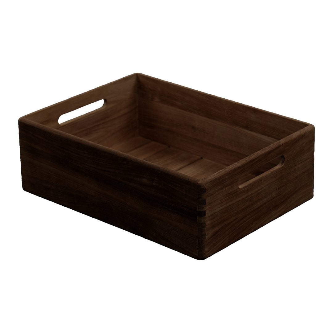 Dark wooden storage crate with a smooth finish and minimalist design, featuring clean lines and natural grain patterns.