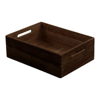 Dark wooden storage crate with a smooth finish and minimalist design, featuring clean lines and natural grain patterns.