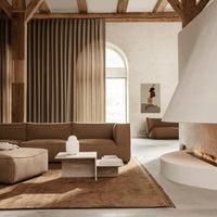 Warm beige and earthy brown tones with soft textures and sleek lines for a cozy, modern living space.