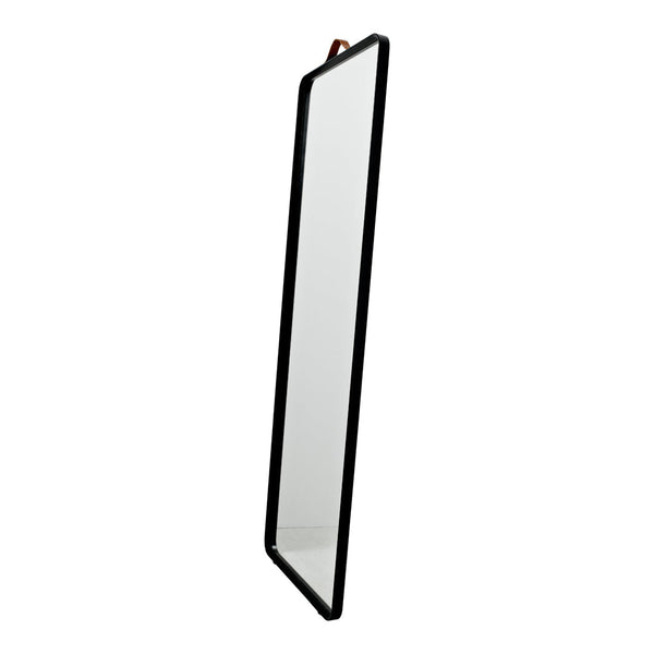 Tall rectangular mirror with a sleek black frame and a brown leather strap for hanging. Clean, modern design.