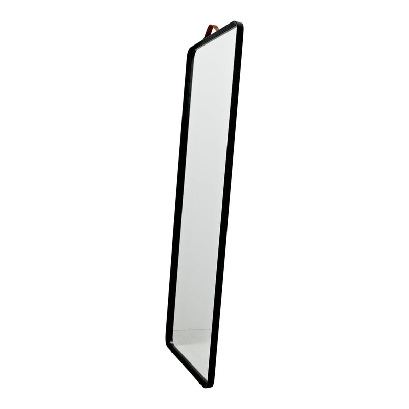 Tall rectangular mirror with a sleek black frame and a brown leather strap for hanging. Clean, modern design.