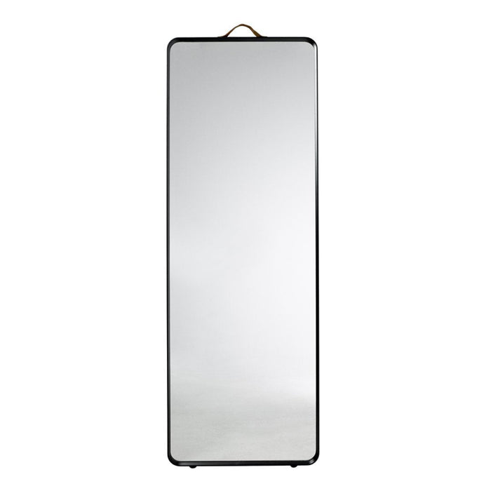 "Rectangular wall mirror with a sleek black frame, featuring a minimalist design."