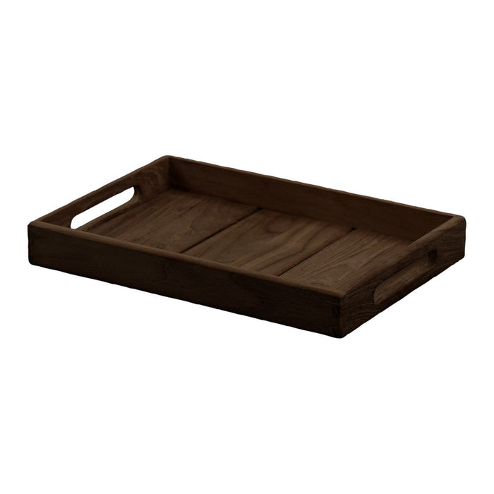 Dark brown wooden tray with a smooth, textured surface and cut-out handles.