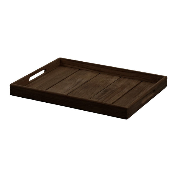 Dark wooden tray with a rustic finish, featuring slatted design and cut-out handles for easy carrying.