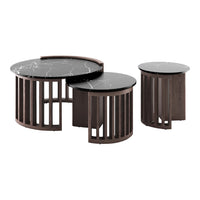 Modern set of three coffee tables featuring a black marble top and wooden bases with vertical slats in a rich brown finish.