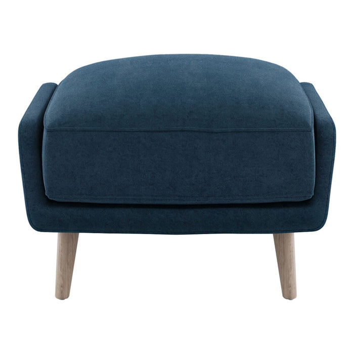 Deep navy blue ottoman with a smooth fabric surface and light wooden legs, featuring a minimalist design.