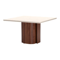 Square dining table with a cream tabletop and brown wood base, featuring a sleek, modern design.