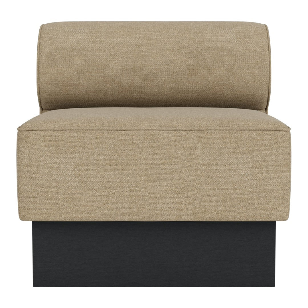 Beige upholstered chair with a soft texture and a sleek black base, offering a modern and neutral aesthetic.