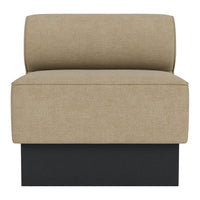 Beige upholstered chair with a soft texture and a sleek black base, offering a modern and neutral aesthetic.
