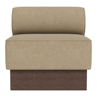 Beige upholstered chair with a minimalist design and a dark wood base, featuring smooth textures and simple lines.