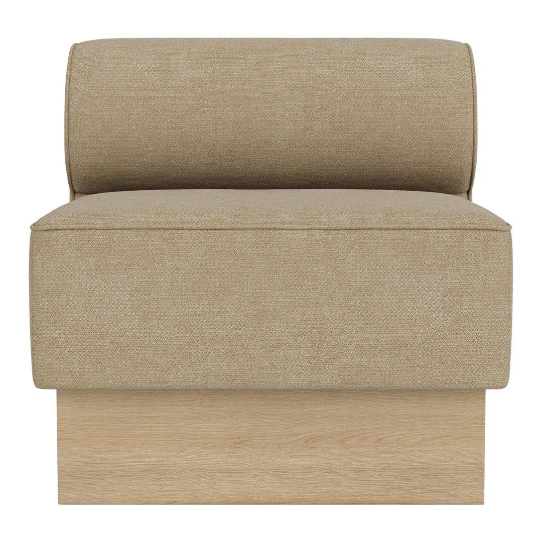 Textured beige fabric upholstery on a modern low-profile chair with a wooden base. Simple, minimalist design elements.