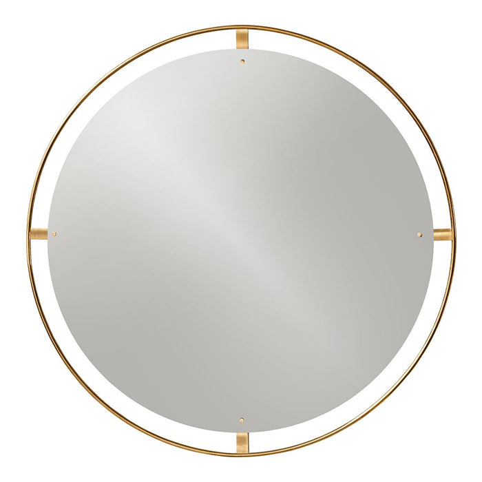 Round wall mirror with a sleek silver surface and a gold metal frame, featuring minimalistic design.