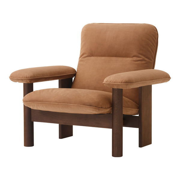 Brown fabric armchair with a smooth texture and sturdy dark wooden frame. Modern, minimalist design with solid color.