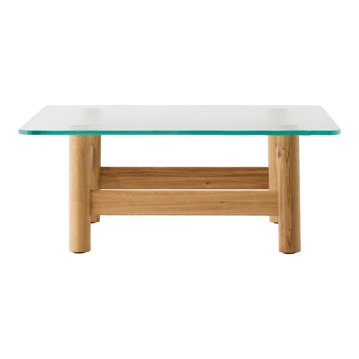 Clear glass top coffee table with natural wood legs, featuring a minimalist design and sleek, modern finish.