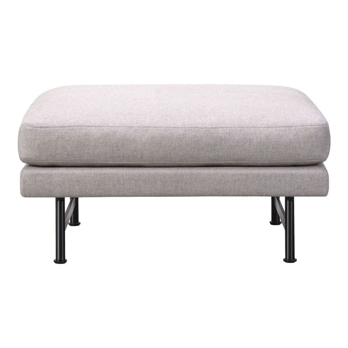 Light gray upholstered ottoman with a smooth texture and sleek black metal legs. Minimalist design for modern decor.
