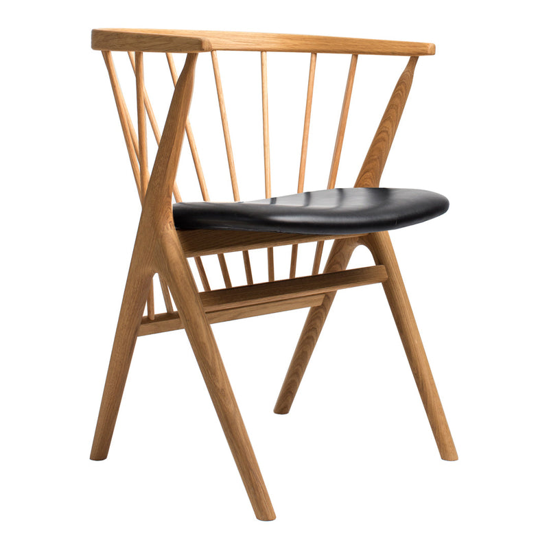 Natural wood chair with a light oak finish and a sleek black seat, featuring a modern, minimalist design.