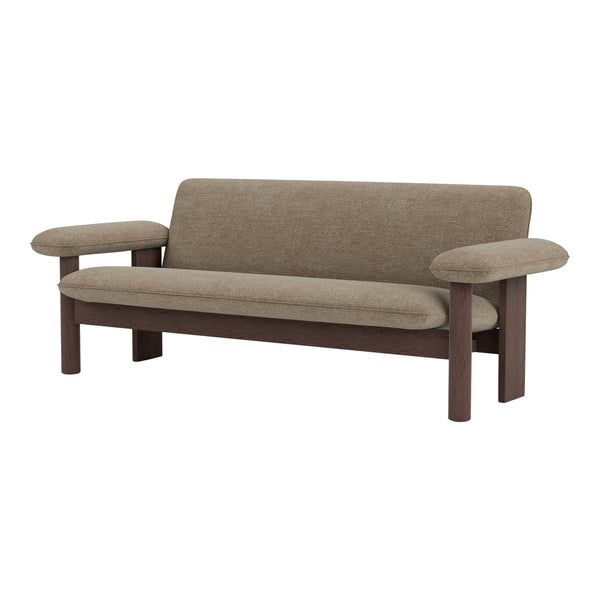 Brown upholstered sofa with smooth fabric and wooden frame, featuring rounded armrests for a modern look.