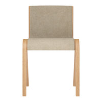 Beige upholstered chair with a smooth texture and natural wood legs. Simple and modern design with neutral tones.