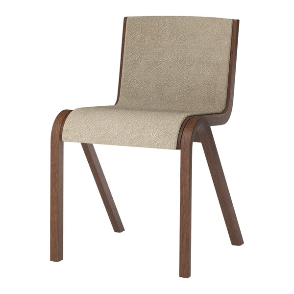 Beige upholstered chair with a natural wood frame, featuring clean lines and a minimalist design. Perfect for modern decor.