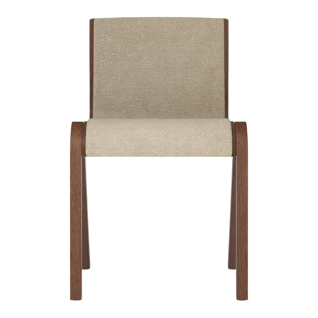 Beige upholstered chair with brown wooden frame, featuring a smooth, minimalist design. Perfect for modern decor.