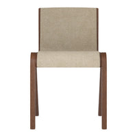 Beige upholstered chair with brown wooden frame, featuring a smooth, minimalist design. Perfect for modern decor.